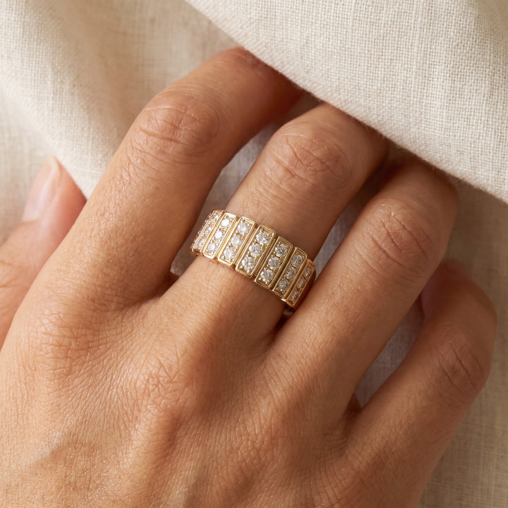 0.72 ct Multi-Row Diamond Pavé-Channel Band Ring in 14K Yellow Gold, worn