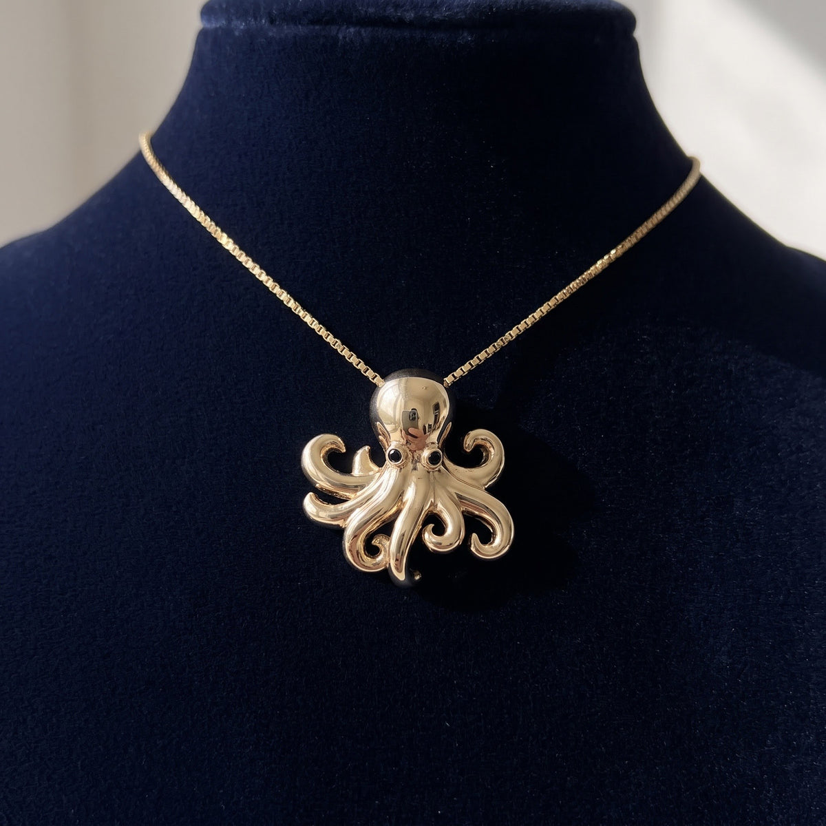 Octopus Charm Necklace with Blue Sapphire Eyes in 14K Yellow Gold