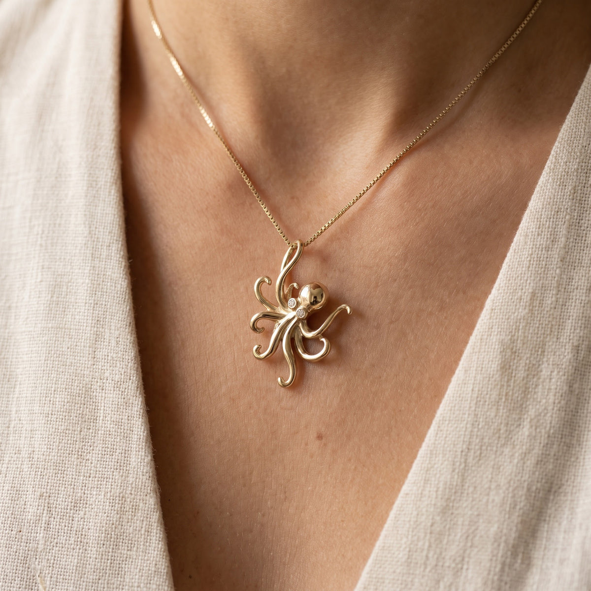Yellow Gold Octopus Pendant with Diamond Accents, worn