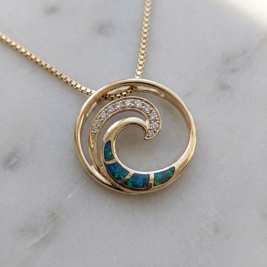 Yellow Gold Opal Inlay Wave Pendant Necklace