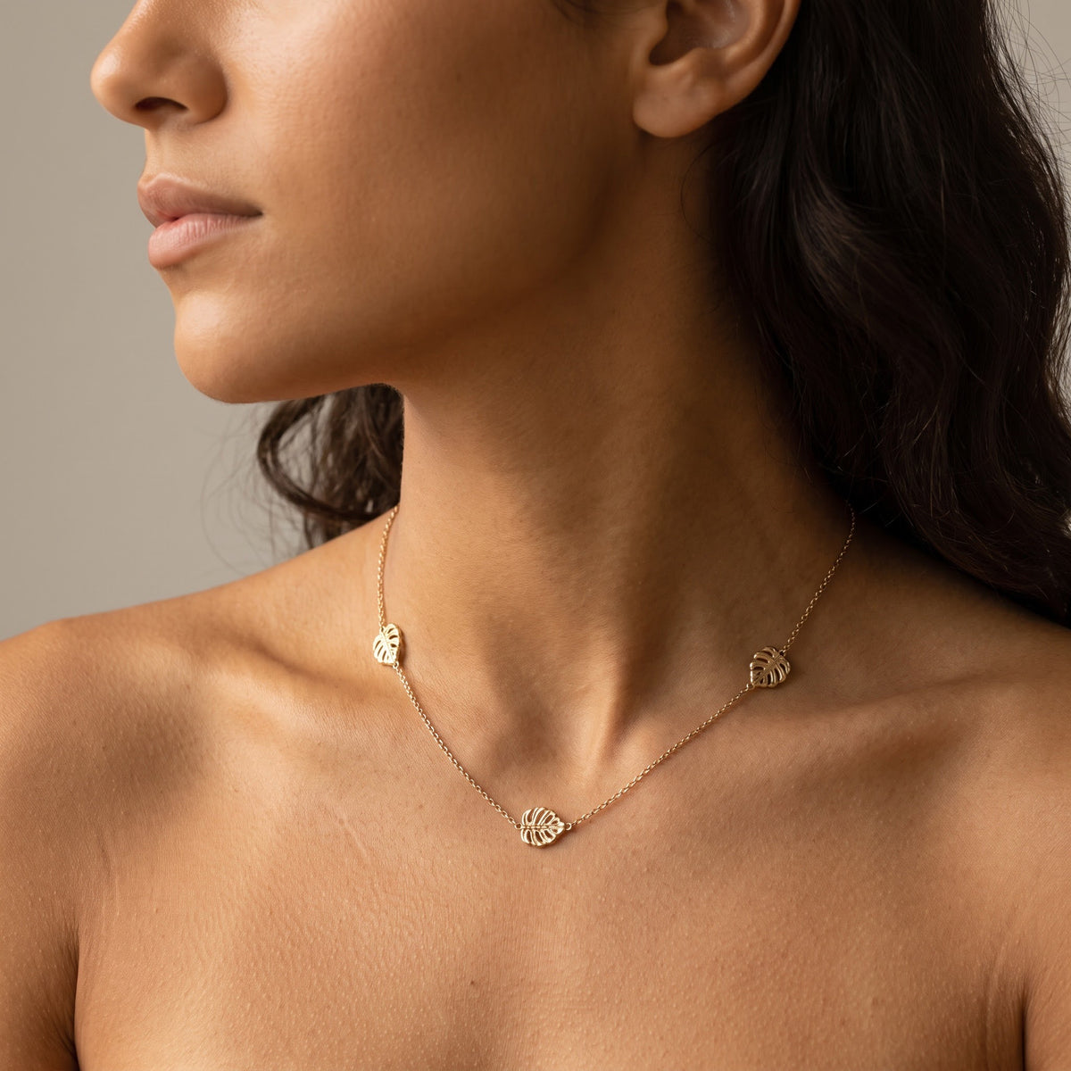 Yellow Gold Openwork Leaf Station Chain Necklace, worn, second view