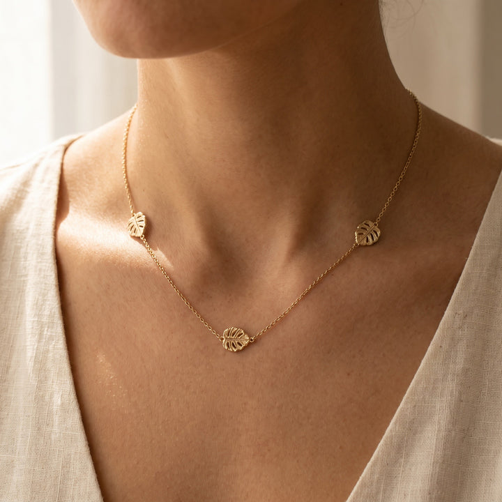 Openwork Leaf Station Chain Necklace in 14K Yellow Gold, worn