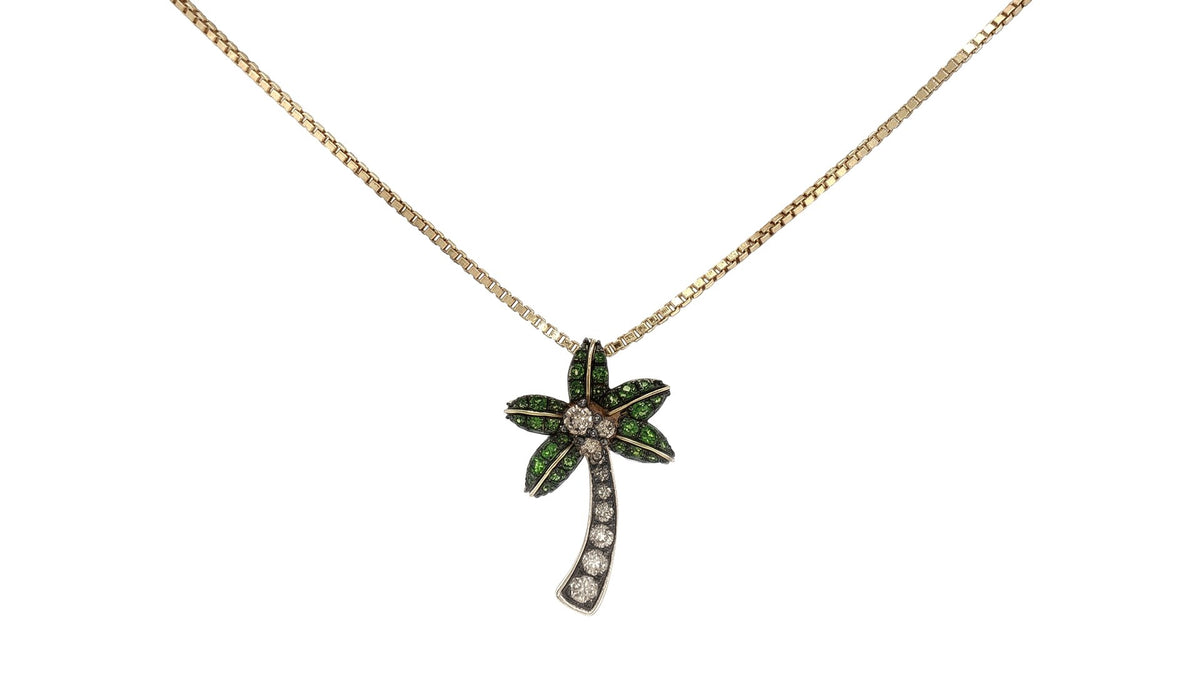 Yellow Gold Palm Tree Pendant with Green Stones