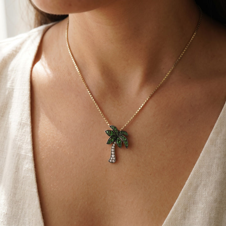 0.59 ct Multi-Color Sapphire Palm Tree Pendant in 14K Yellow Gold, worn