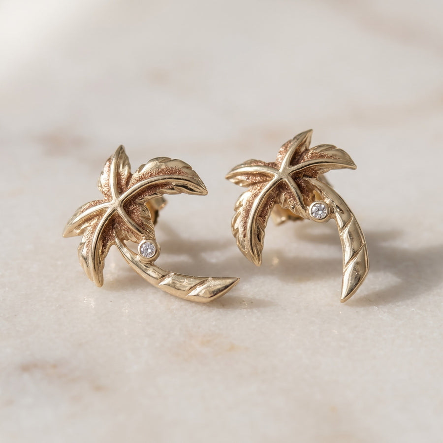 Yellow Gold Palm Tree Stud Earrings with Diamond Accents