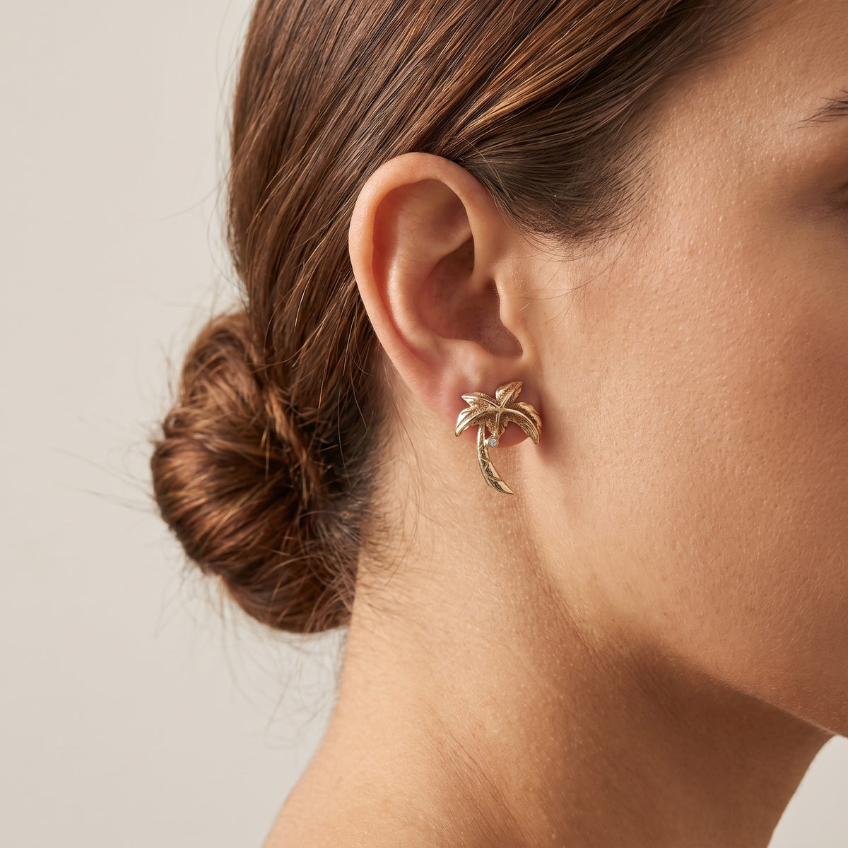 Yellow Gold Palm Tree Stud Earrings with Diamond Accents, worn, second view