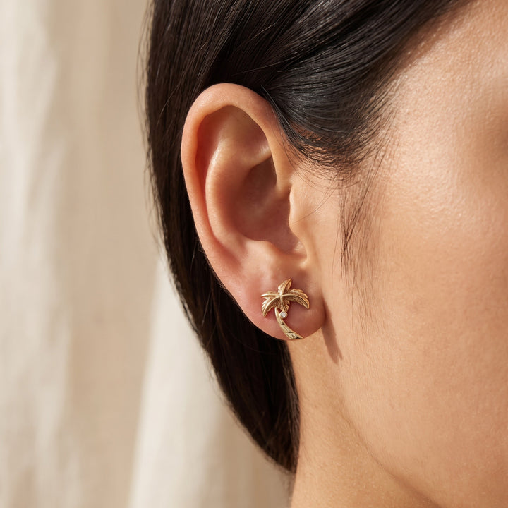 Palm Tree Stud Earrings with Diamond Accents in 14K Yellow Gold, worn