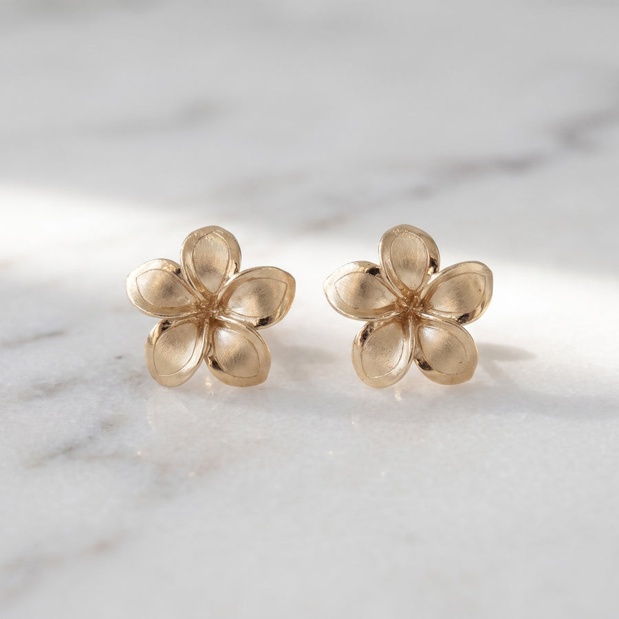Brushed Yellow Gold Plumeria Flower Stud Earrings