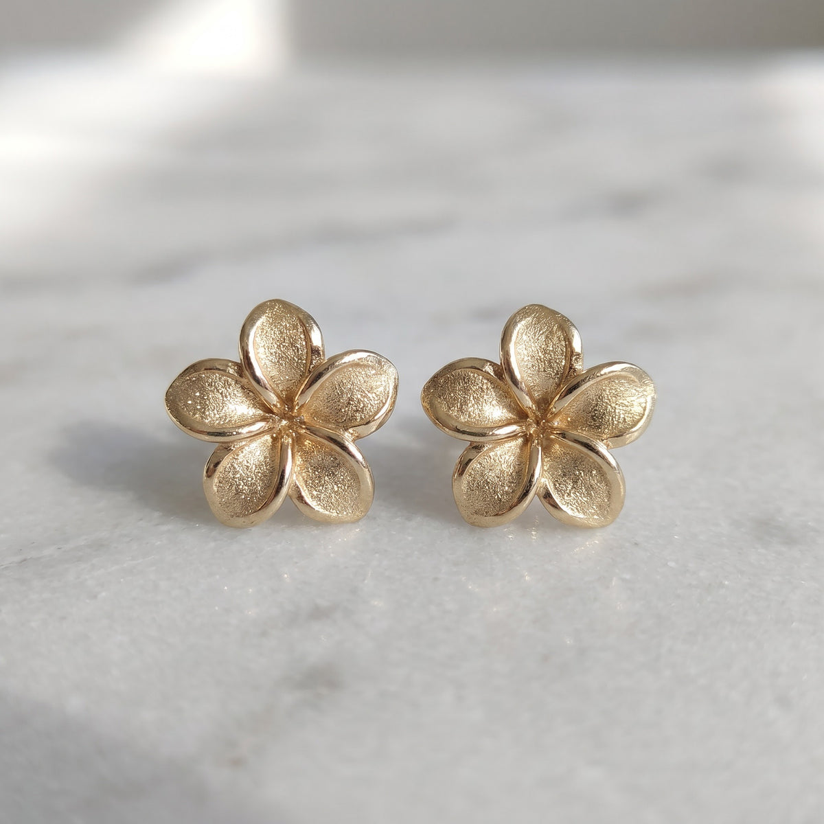Sculpted Plumeria Flower Stud Earrings in 14K Yellow Gold