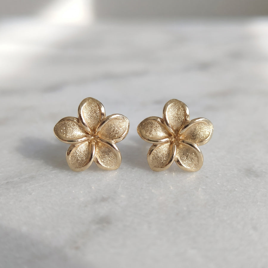 Sculpted Yellow Gold Plumeria Flower Stud Earrings