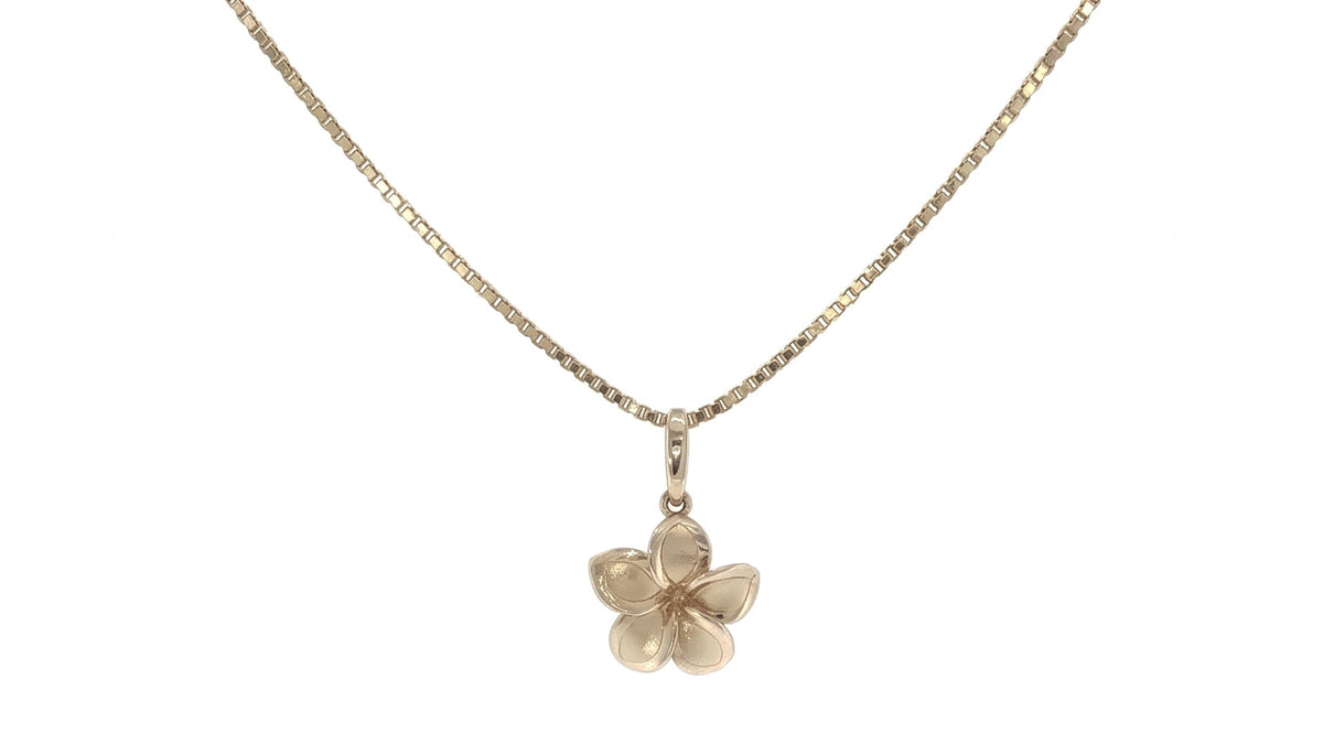Yellow Gold Plumeria Pendant Necklace on a Box Chain