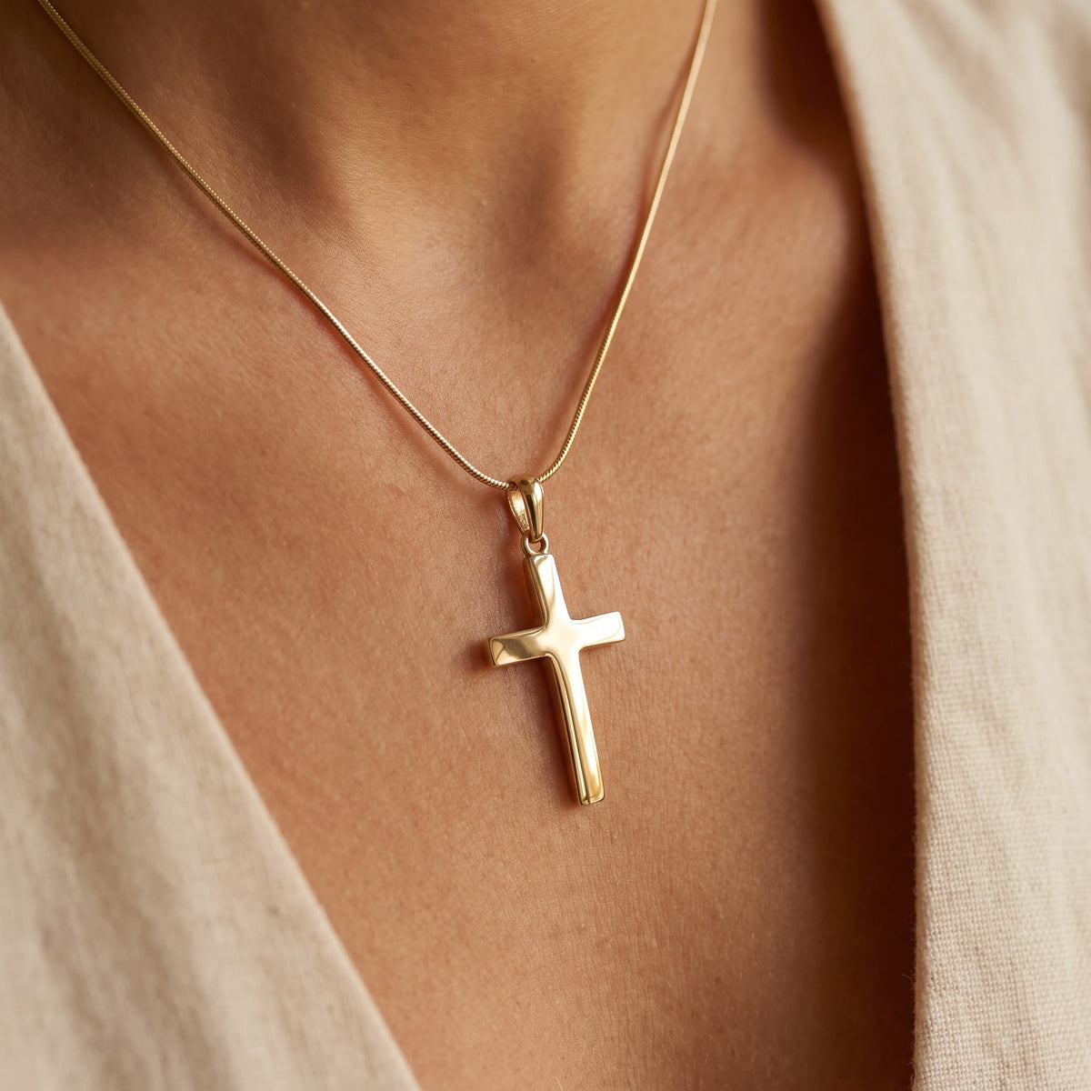 Yellow Gold Polished Cross Pendant Necklace, worn