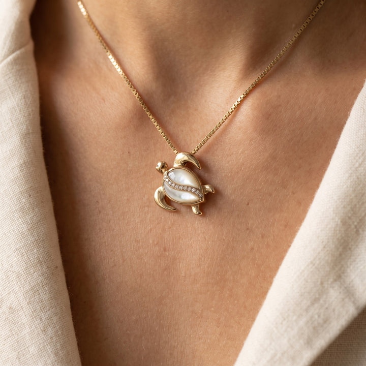 Mother of Pearl and Diamond Sea Turtle Pendant in 14K Yellow Gold, worn