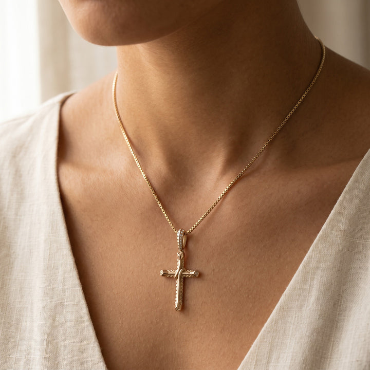 Textured Cross Pendant Necklace in 14K Yellow Gold, worn