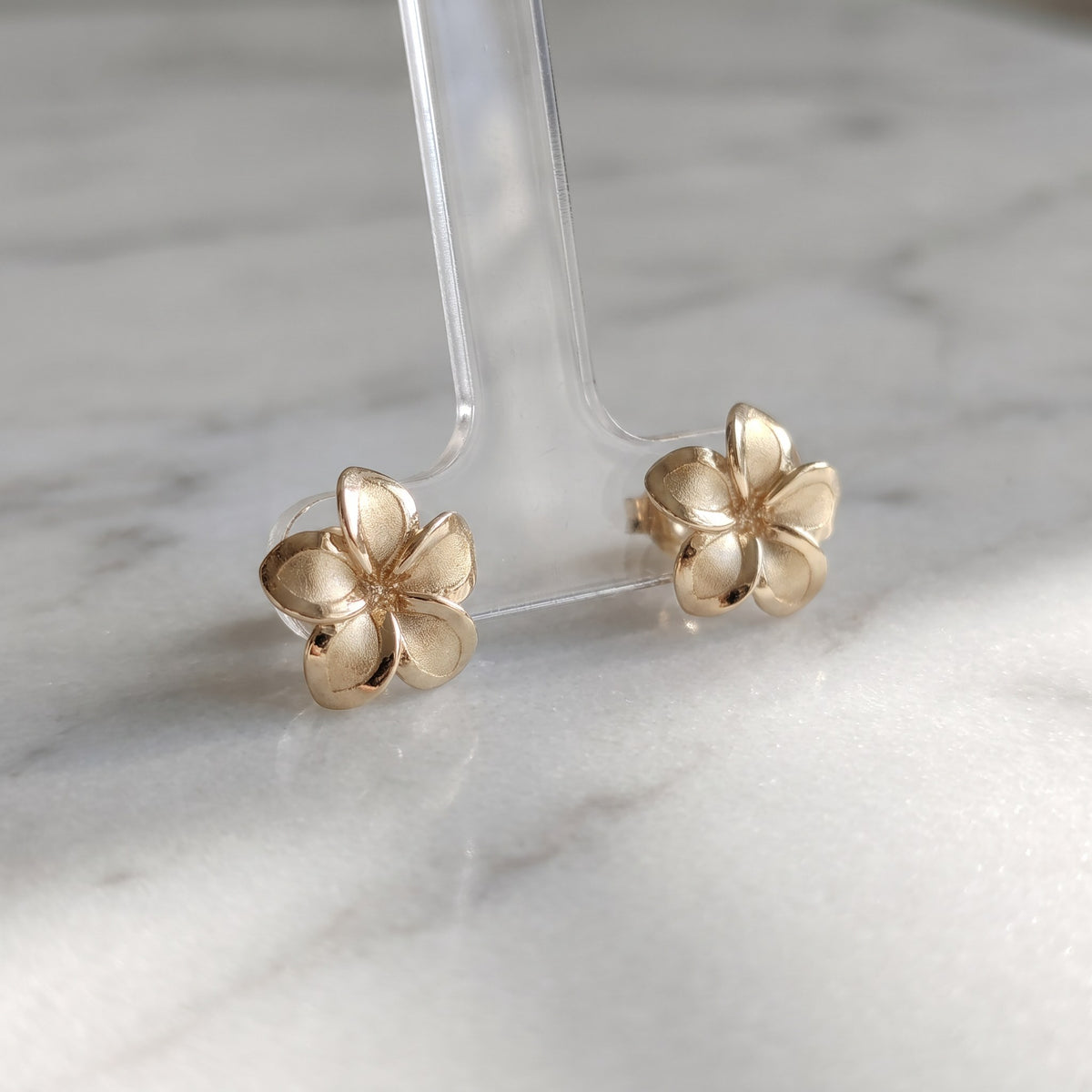 Yellow Gold Textured Plumeria Stud Earrings