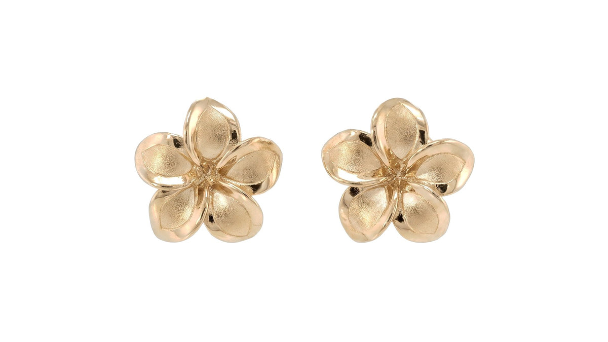 Yellow Gold Textured Plumeria Stud Earrings