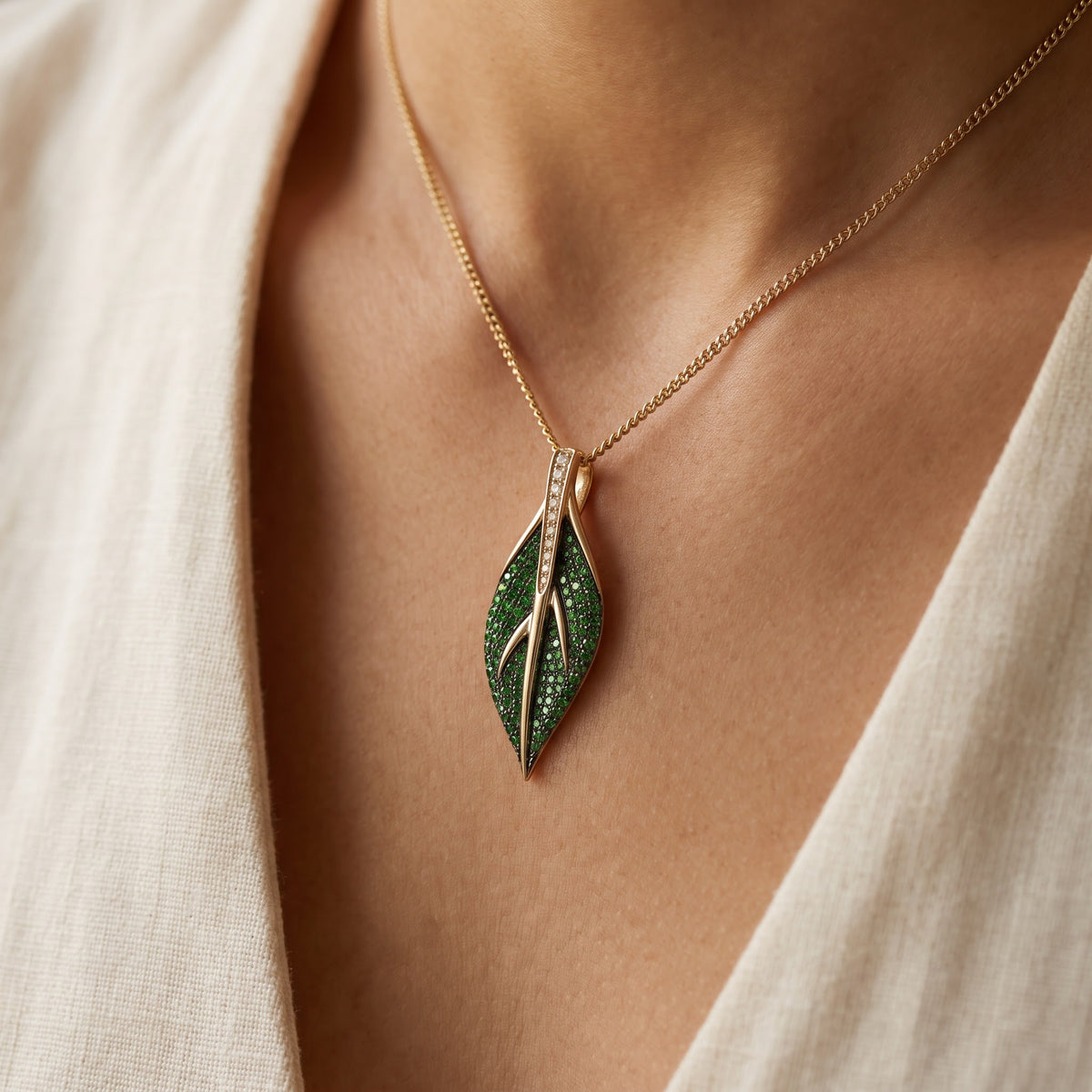 Yellow Gold Tsavorite Leaf Pendant, worn