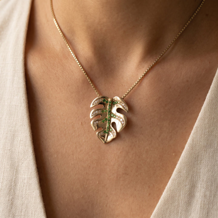 0.29 ct Tsavorite and Diamond Monstera Leaf Pendant in 14K Yellow Gold, worn