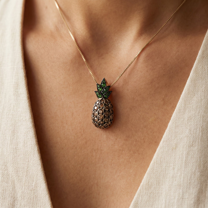 0.25 ct Tsavorite and Cognac Diamond Pineapple Pendant in 14K Yellow Gold, worn