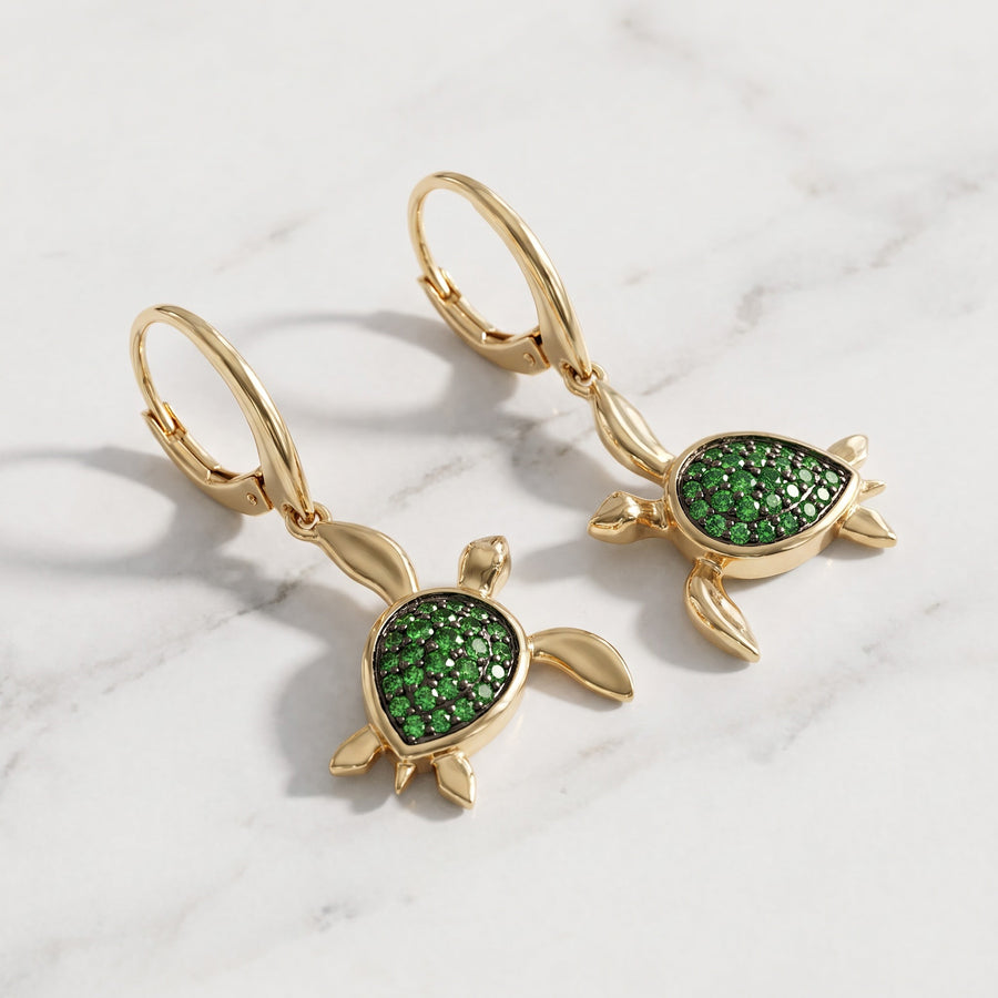 Yellow Gold Tsavorite Turtle Drop Earrings