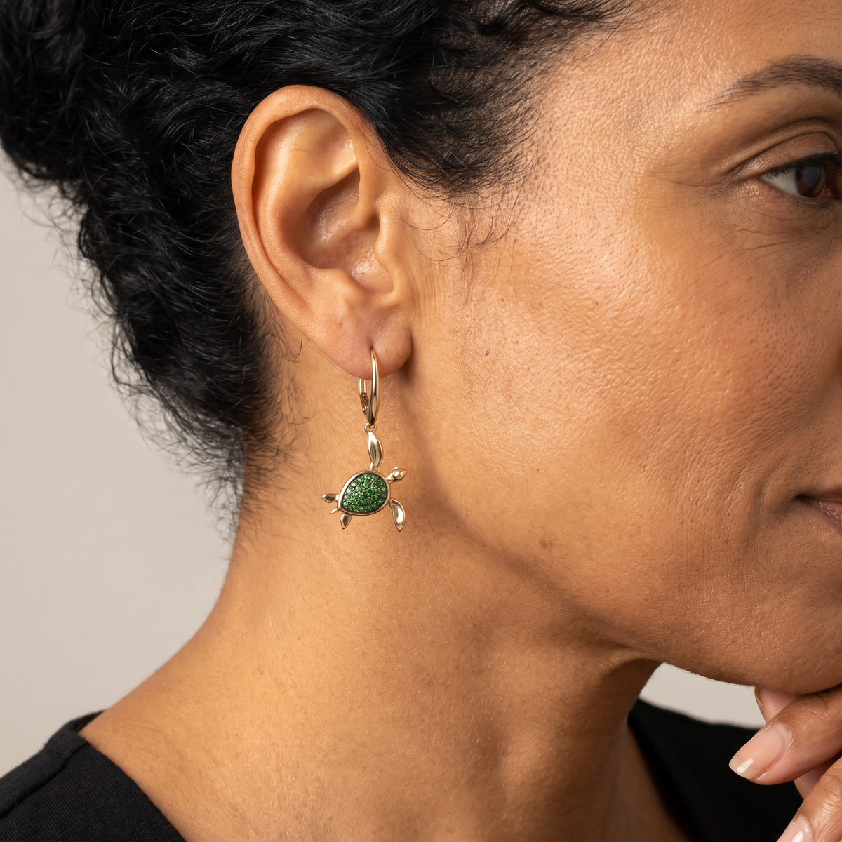 Yellow Gold Tsavorite Turtle Drop Earrings, worn