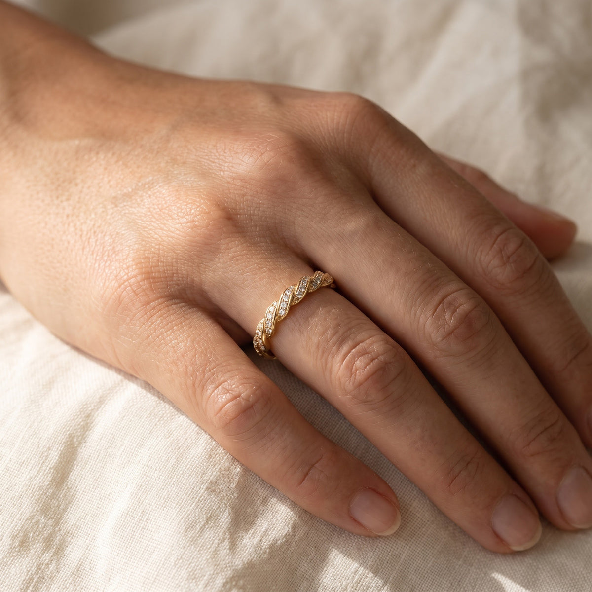 Yellow Gold Twisted Diamond Band, worn