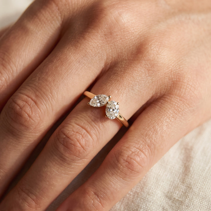 0.63 ct Two-Stone Marquise and Oval Diamond Ring in 14K Yellow Gold, worn