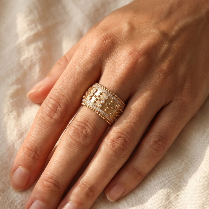 0.31 ct Diamond Wide Band Ring with Beading in 18K Yellow Gold, worn