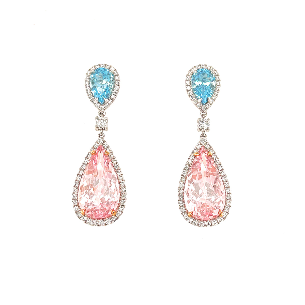 12.95 Carat Morganite & 2.63 Carat Aquamarine Earrings in 14k Two-Tone Gold