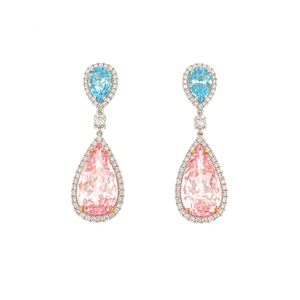 12.95 Carat Morganite & 2.63 Carat Aquamarine Earrings in 14k Two-Tone Gold