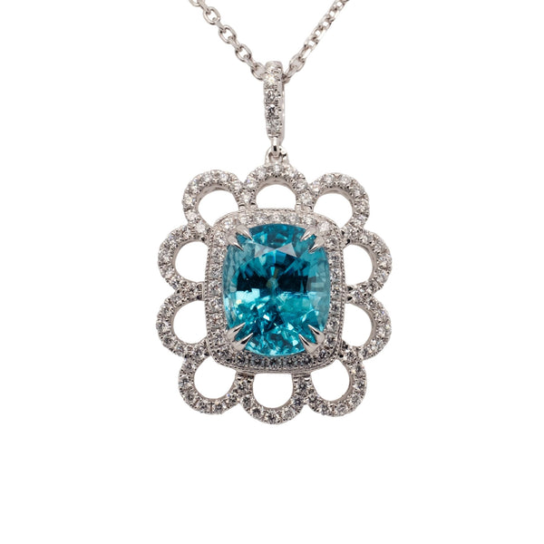 6.35 Carat Blue Zircon Pendant in 14k White Gold