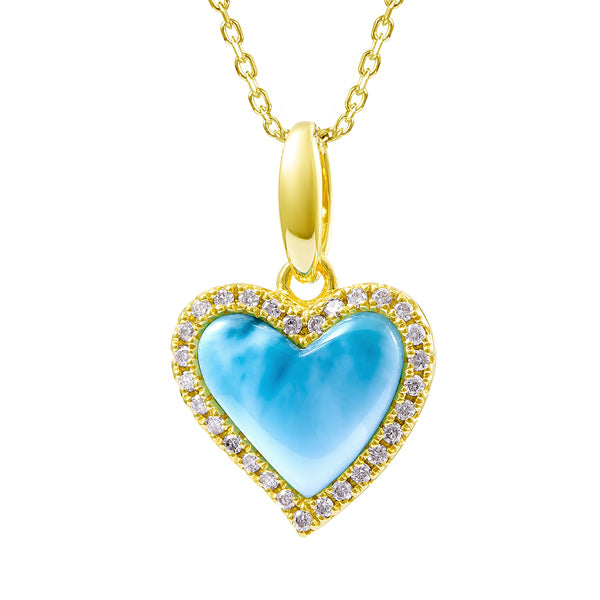 0.12 Carat Diamond & Larimar Heart Pendant in 14k Yellow Gold