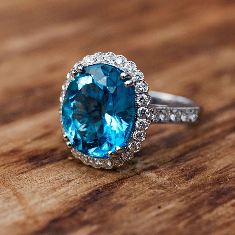 Royal Halo style London blue topaz engagement ring, 3 carats oval cut blue  topaz promise engagement ring, white gold plated sterling silver