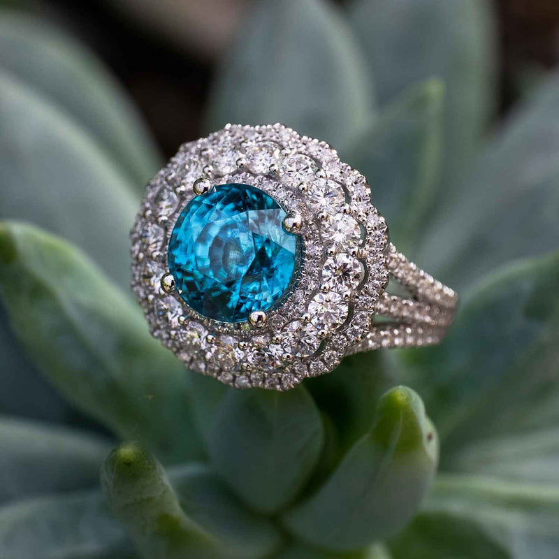 5.8 Carat Blue Zircon Gemstone Ring in 14k white Gold