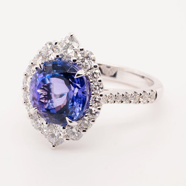 Round Diamond Studed Tanzanite 14k White Gold Halo Fashion Ring (2mm)