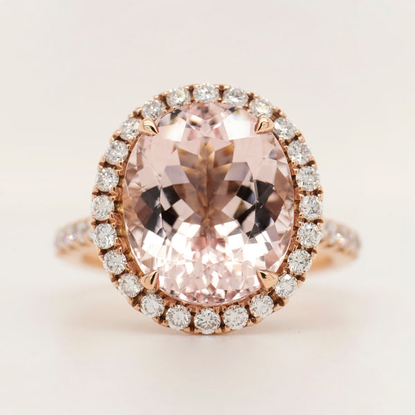Oval Morganite 14k Rose Gold Halo Fashion Ring (2mm)