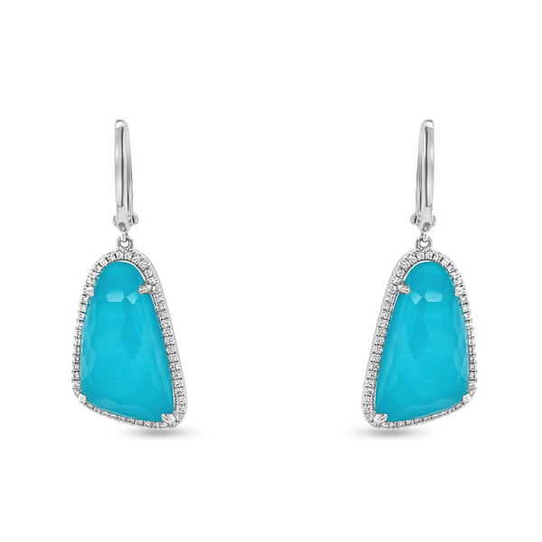 20.24 Carat Clear Quartz Over Turquoise Gemstone Earrings in 18k White Gold