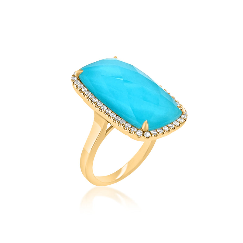 10.20 Carat Clear Quartz Over Turquoise Gemstone Ring in 18k Yellow Gold