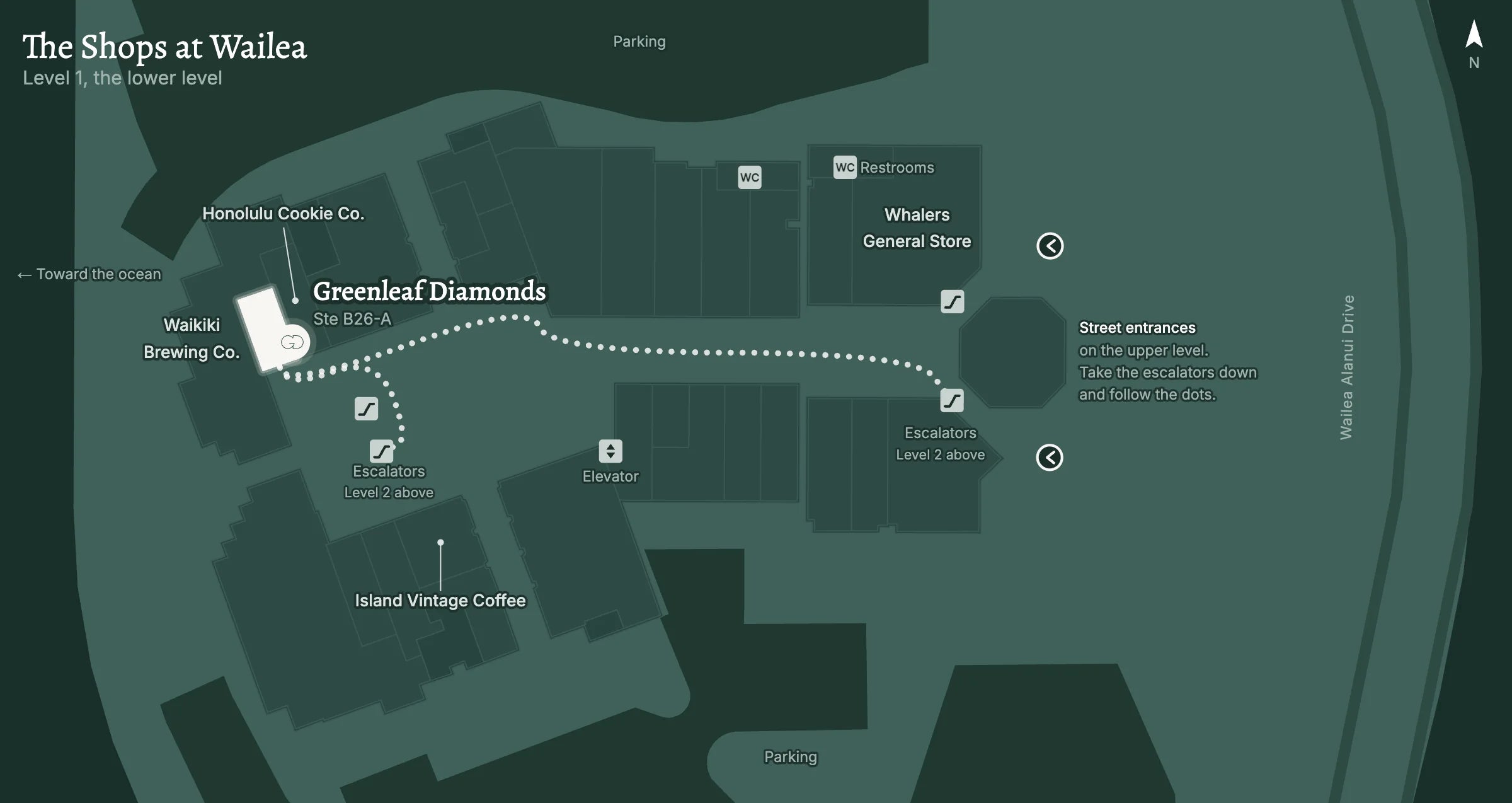 Map of the Shops at Wailea lower level showing Greenleaf Diamonds at the west end next to Waikiki Brewing Co.